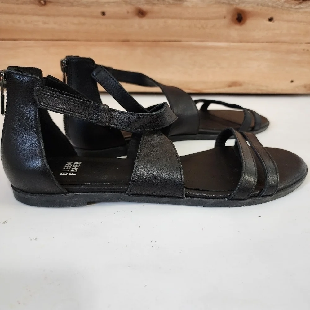 Eileen Fisher Cici Black Strappy leather Open Toe sandal Summer Vacation Casual